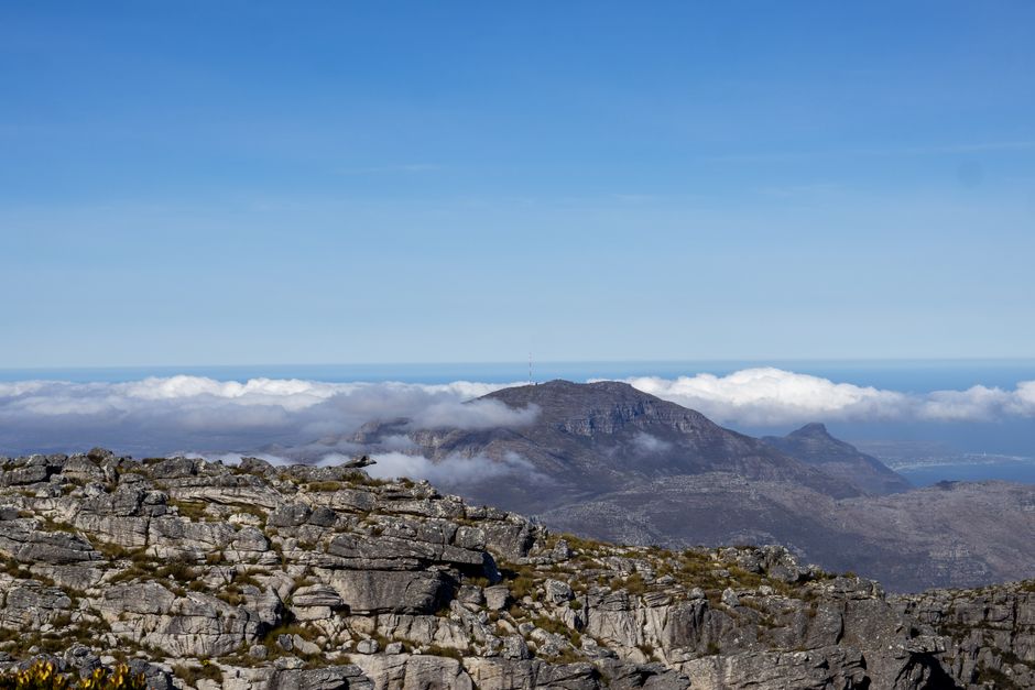 Breathtaking view of Table Mountain and clouds from Cape Town, South Africa.