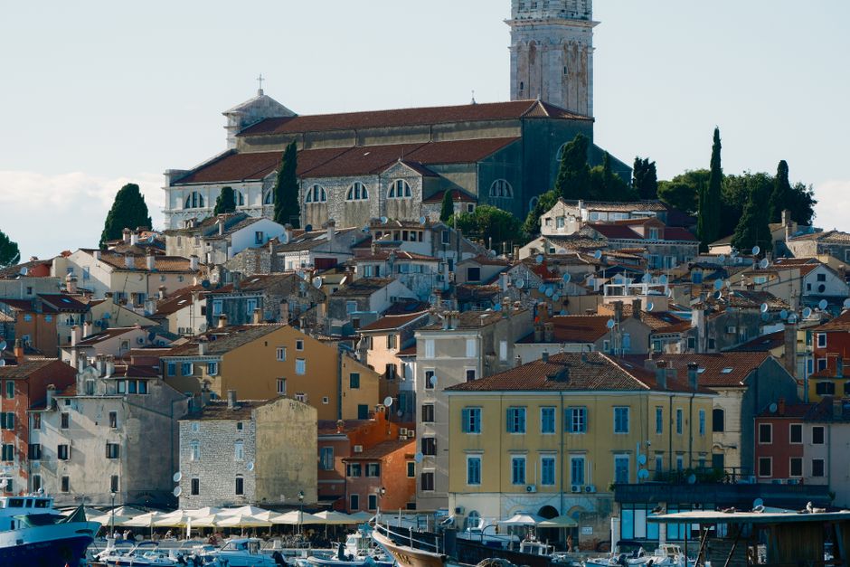 Charming view of Rovinj, Croatia, showcasing colorful historic architecture and scenic beauty.