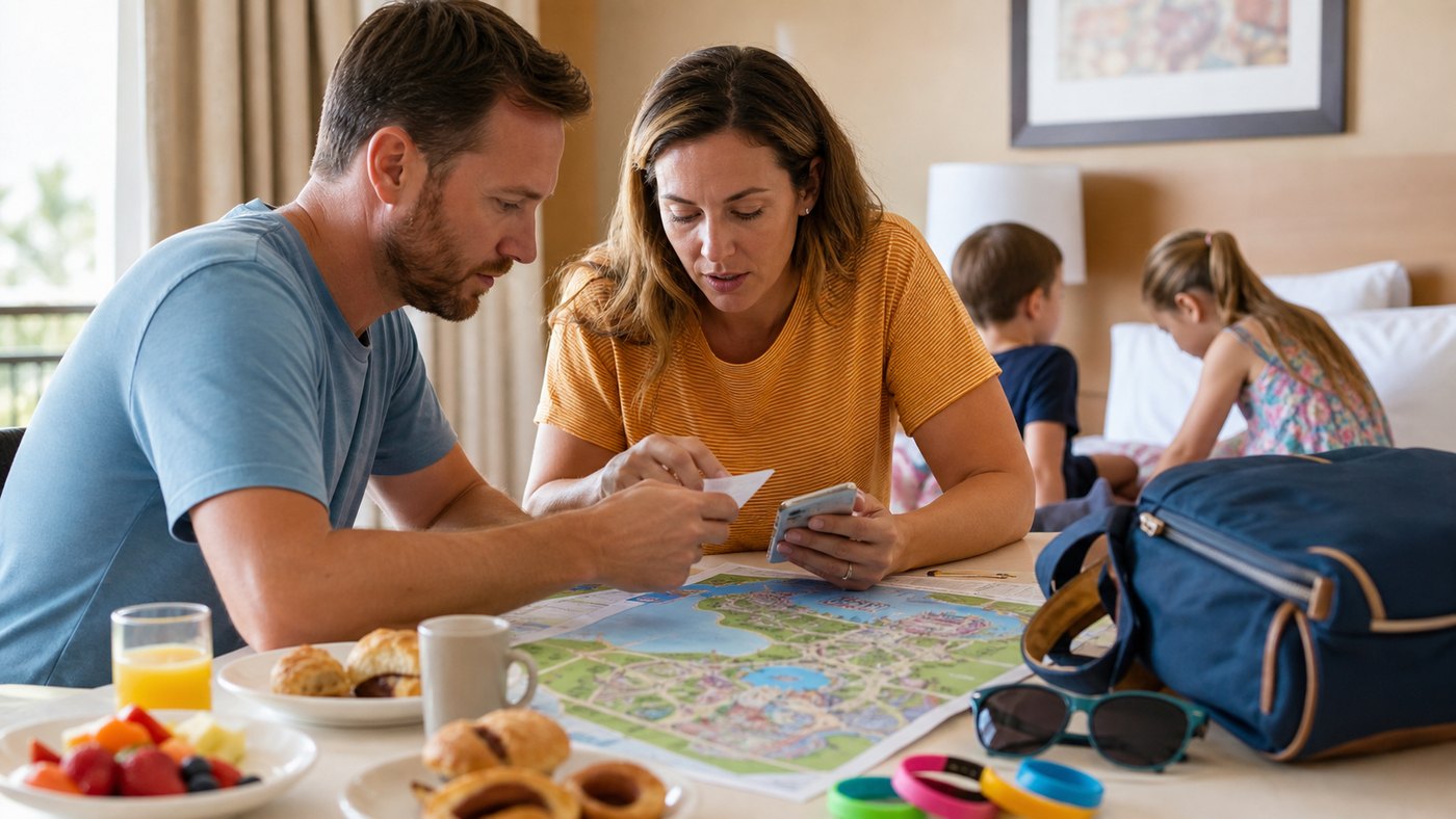 Family checking theme park tickets on a phone during a park day