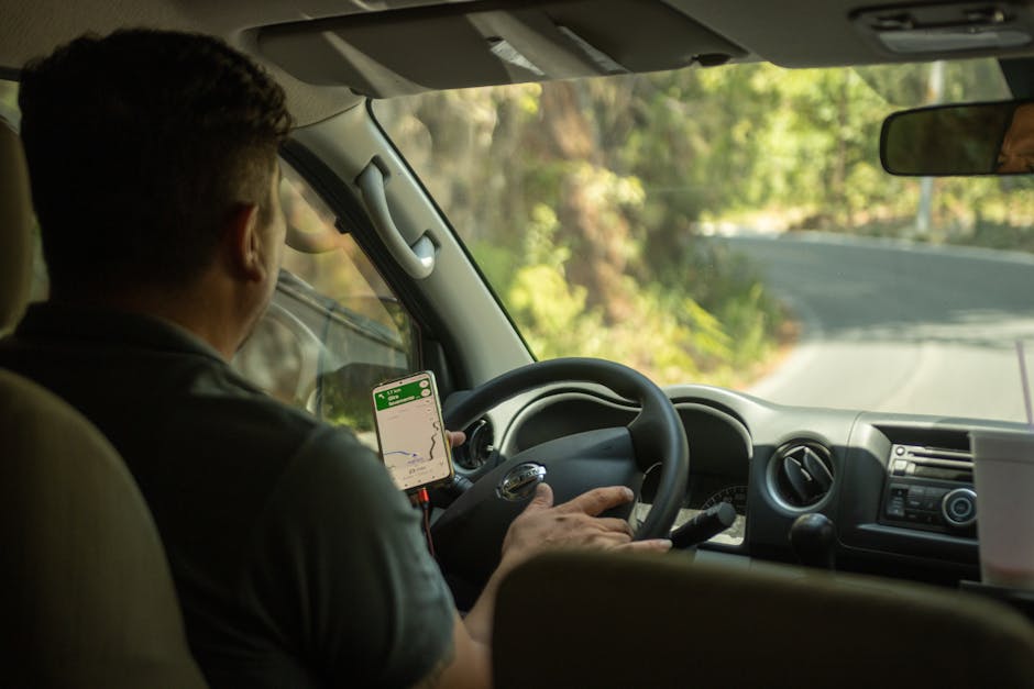 Driver using a smartphone GPS app for navigation while on a curvy road surrounded by nature.